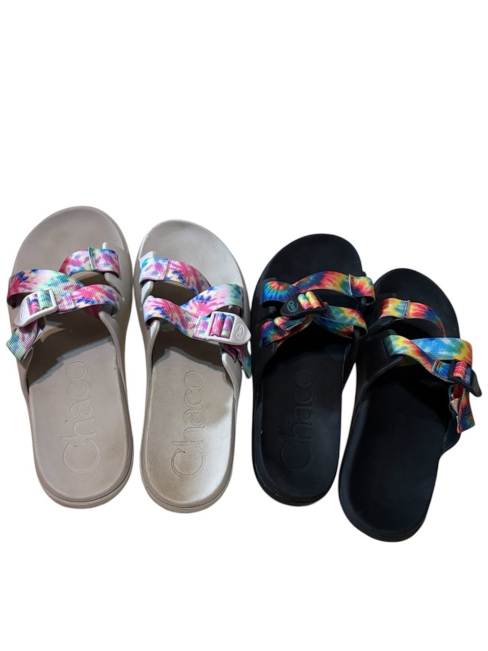 Chaco Slide Sandals in Beige and Black with Rainbow Tie-Dye Straps